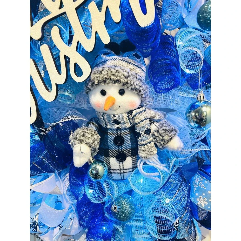 Blue Snowman Merry Christmas Ribbon Door Wreath Handmade 22 ins LED W23